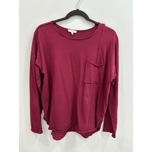 Easel Womens Medium Burgundy Long Sleeve Cotton Pocket Top Raw Hem Casual Boho